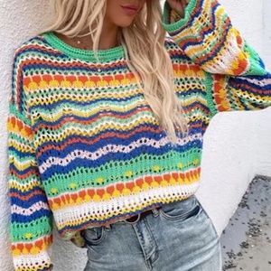 Green Multi Hue Open Crochet Multi Hue Flare Sleeve Crew Nck Sweater sz lg